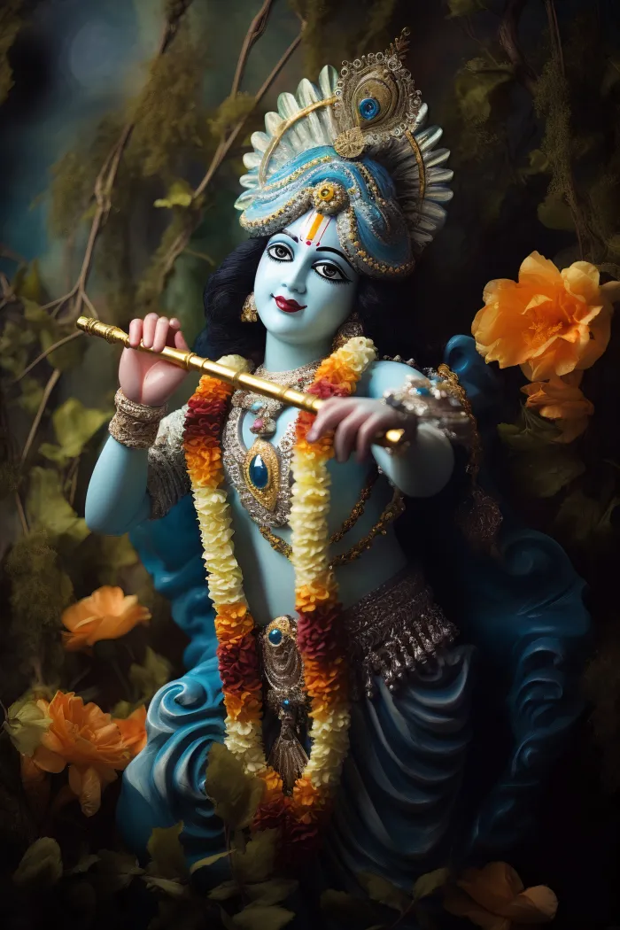 A serene digital painting of Lord Krishna with blue skin, holding a golden flute amidst golden flowers. | PrintPosters.in